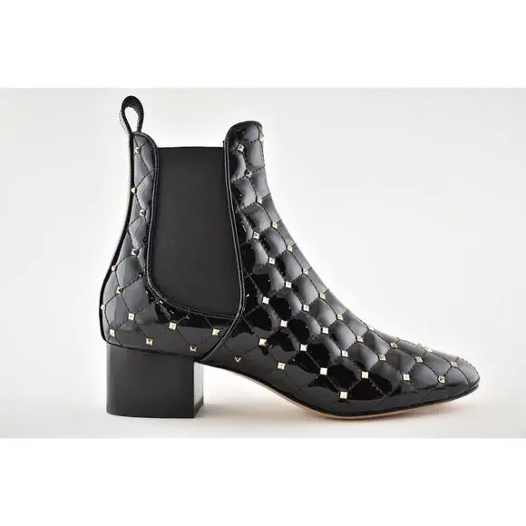 Valentino Rockstud Chelsea Spike Black Patent Stud Heel Short Ankle Bootie 37